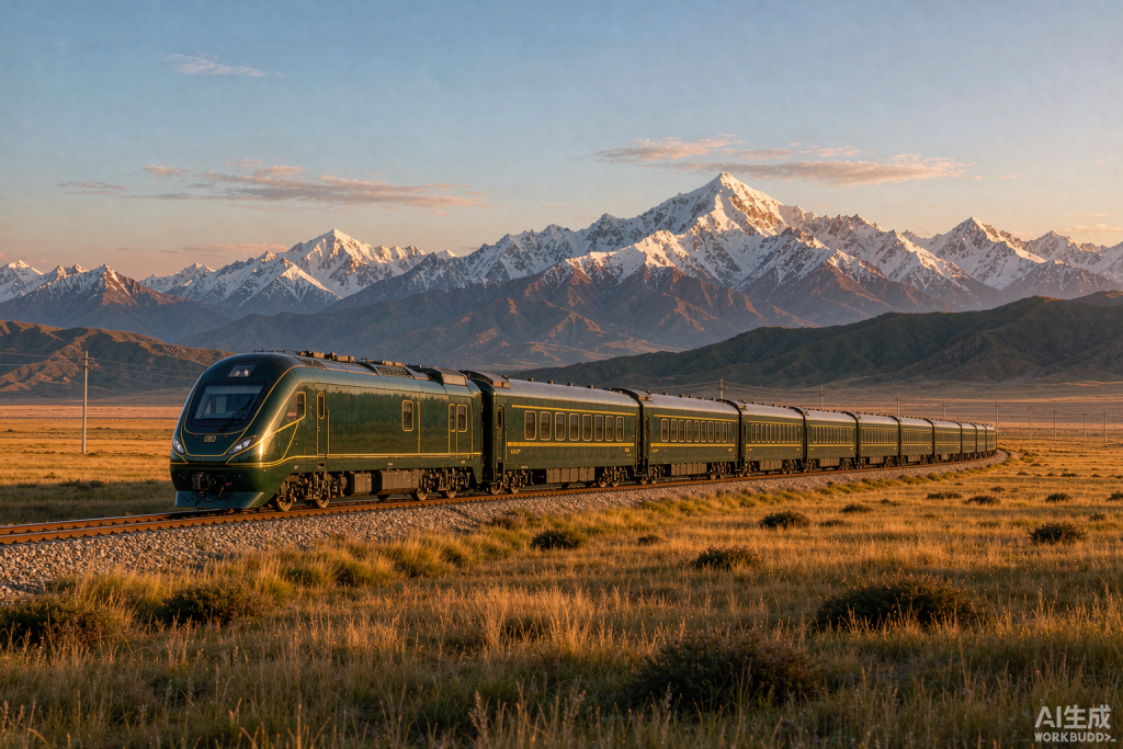 Luxury train crossing the Tianshan grassland