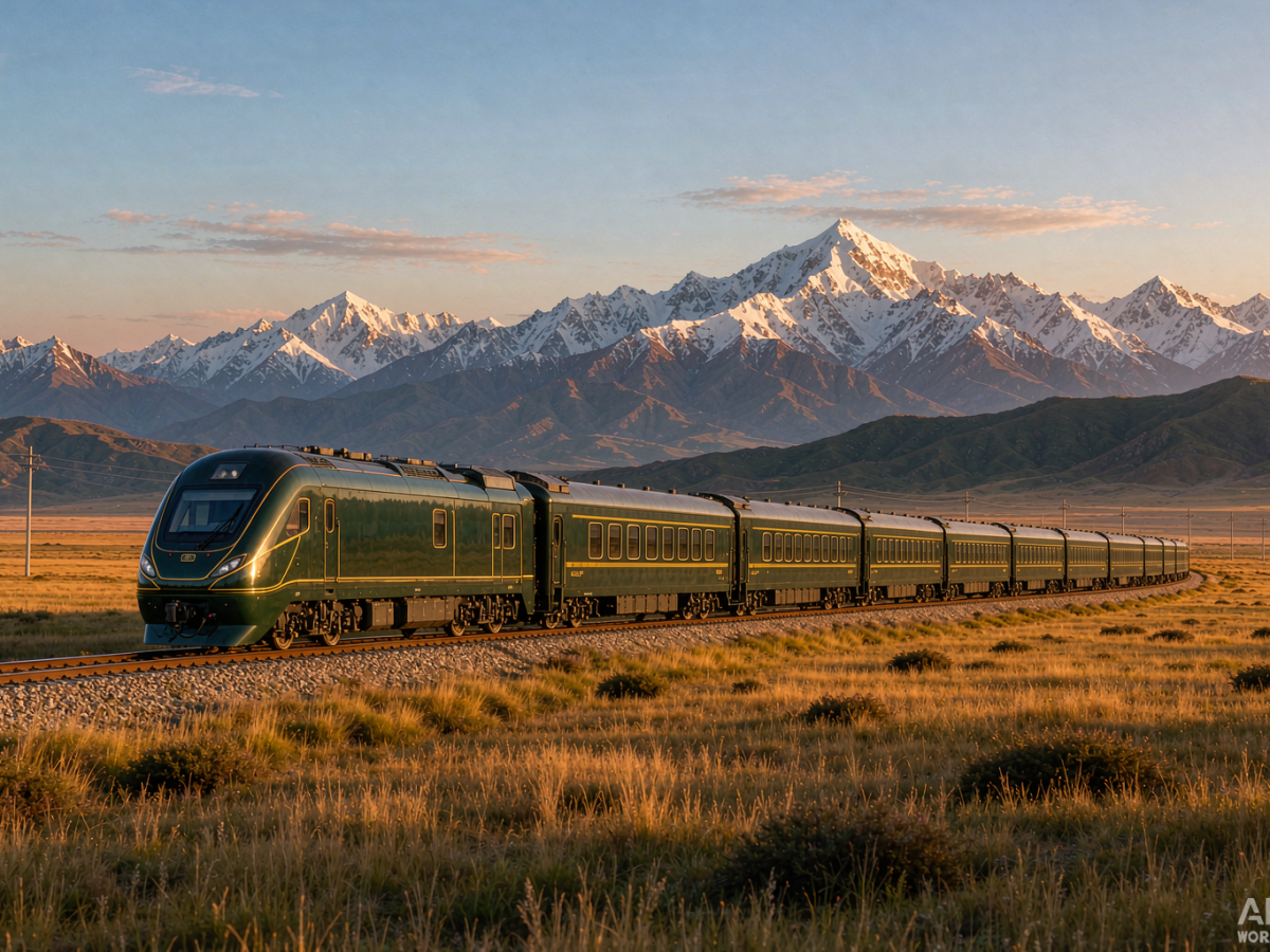 Luxury train crossing the Tianshan grassland